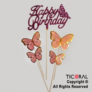 CAKE TOPPER CON 4 MARIPOSAS ROSAS Y HAPPY BIRTHDAY CURSIVA FUCSIA METALIZADO
